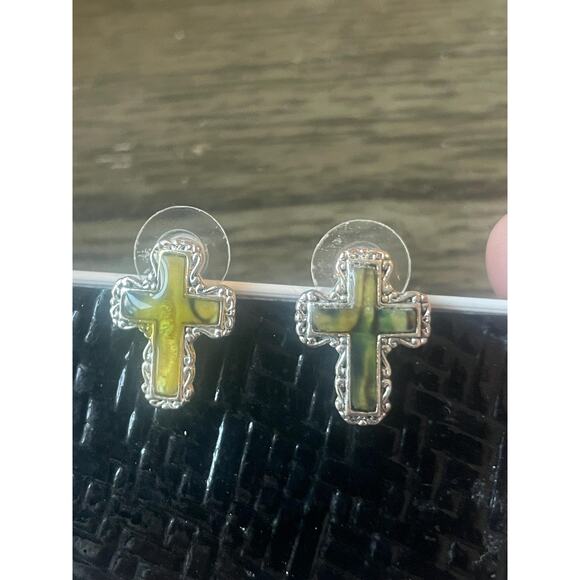 Vintage Silver Cross Tigerseye Inlay Post Earrings - Picture 2 of 4